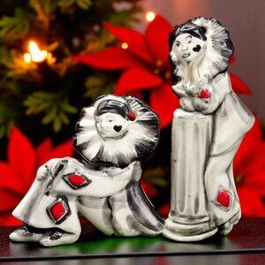 Pierrot Ornaments Black Heart Faces Red Harlequin Diamond Handpainted Gothic Set